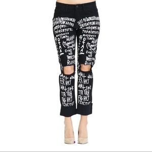 Womens Letter Printed Boyfriend Jeans (M, Black)